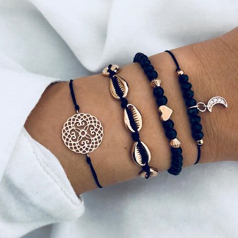 DIEZI Bohemian Flower Moon Charm Black Beaded Bracelets Sets For Women Fashion Chain Strand Bracelets Bangles Jewelry Gifts