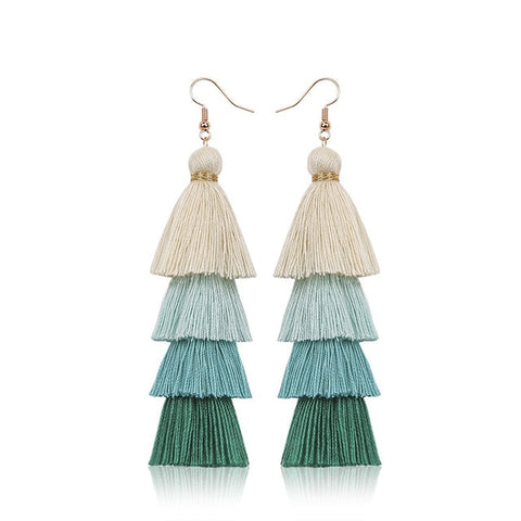 Hot Bohemian Fringe Long Gradient Multilayer Drop Earrings Women Fashion Jewelry Dangle Silk Fabric Ethnic tassel earrings