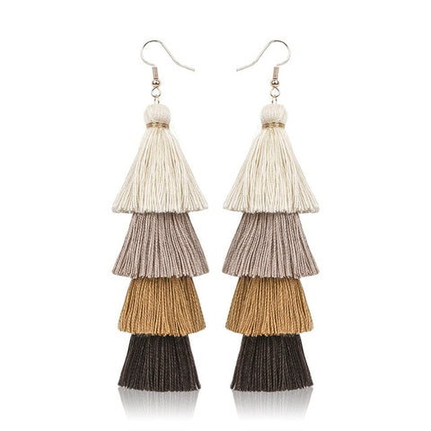 Hot Bohemian Fringe Long Gradient Multilayer Drop Earrings Women Fashion Jewelry Dangle Silk Fabric Ethnic tassel earrings