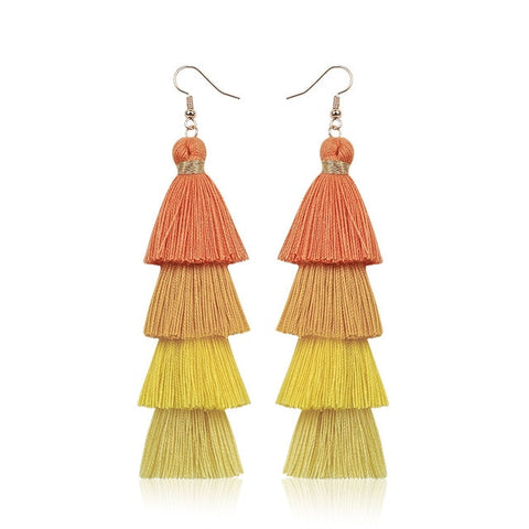 Hot Bohemian Fringe Long Gradient Multilayer Drop Earrings Women Fashion Jewelry Dangle Silk Fabric Ethnic tassel earrings