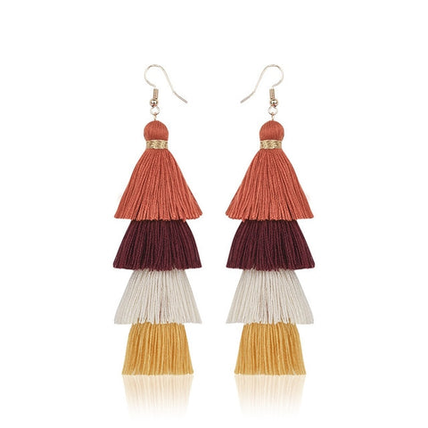 Hot Bohemian Fringe Long Gradient Multilayer Drop Earrings Women Fashion Jewelry Dangle Silk Fabric Ethnic tassel earrings