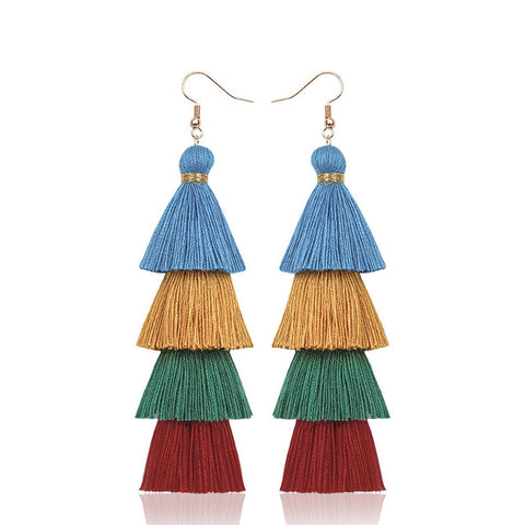 Hot Bohemian Fringe Long Gradient Multilayer Drop Earrings Women Fashion Jewelry Dangle Silk Fabric Ethnic tassel earrings