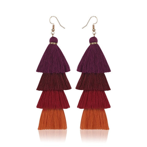 Hot Bohemian Fringe Long Gradient Multilayer Drop Earrings Women Fashion Jewelry Dangle Silk Fabric Ethnic tassel earrings