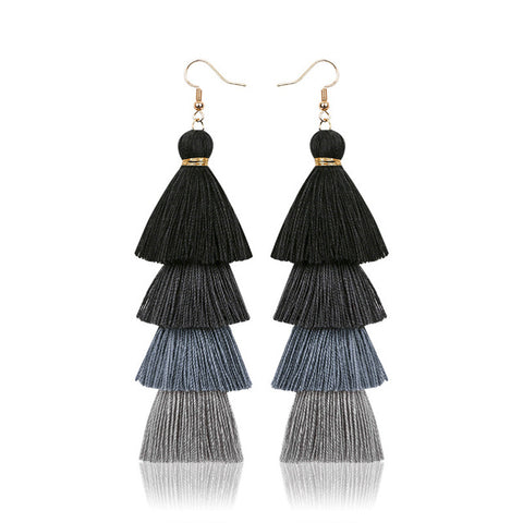 Hot Bohemian Fringe Long Gradient Multilayer Drop Earrings Women Fashion Jewelry Dangle Silk Fabric Ethnic tassel earrings