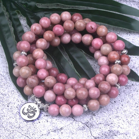 108 mala Natural Rhodochrosite Stone Beaded Buddha OM Lotus Charm Bracelet For Women Lucky Meditation Yoga Jewelry