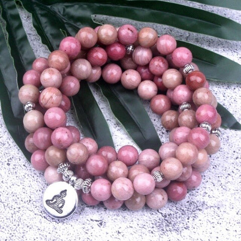 108 mala Natural Rhodochrosite Stone Beaded Buddha OM Lotus Charm Bracelet For Women Lucky Meditation Yoga Jewelry