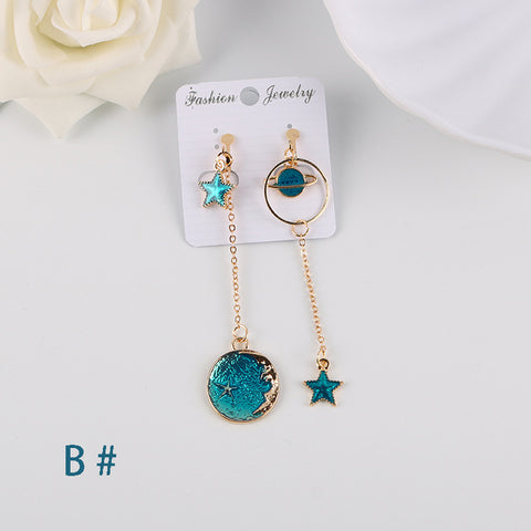 Korea Style Asymmetrical Fresh Enamel blue Star Moon Planet  Circle Clip on Earrings Non Pierced For Girl Women Party Gift