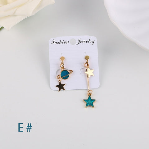 Korea Style Asymmetrical Fresh Enamel blue Star Moon Planet  Circle Clip on Earrings Non Pierced For Girl Women Party Gift