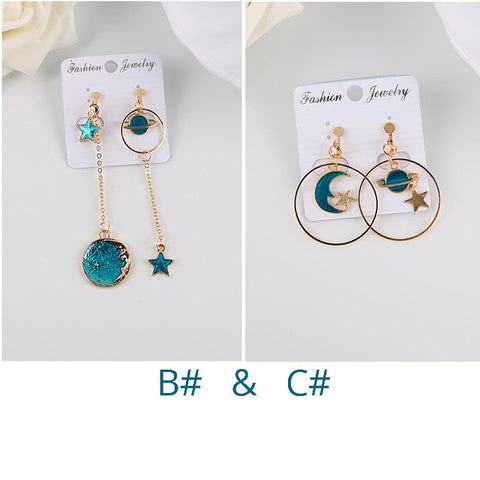 Korea Style Asymmetrical Fresh Enamel blue Star Moon Planet  Circle Clip on Earrings Non Pierced For Girl Women Party Gift