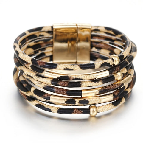 Amorcome Leopard Leather Bracelets For Women 2019 Fashion Bracelets & Bangles Elegant Multilayer Wide Wrap Bracelet Jewelry