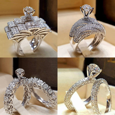 2Pcs Bridal Set Elegant rings for Women Sliver Color Wedding Engagement fashion Jewelry With Full Shiny Cubiz Zircon female ring