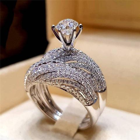 2Pcs Bridal Set Elegant rings for Women Sliver Color Wedding Engagement fashion Jewelry With Full Shiny Cubiz Zircon female ring