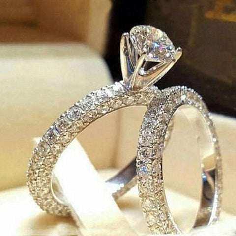 2Pcs Bridal Set Elegant rings for Women Sliver Color Wedding Engagement fashion Jewelry With Full Shiny Cubiz Zircon female ring