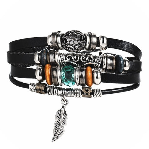 IF ME Vintage Leaf Feather Multilayer Leather Bracelet Men Fashion Braided Handmade Star Rope Wrap Bracelets & Bangles Male Gift