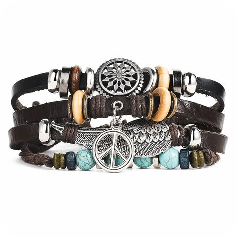 IF ME Vintage Leaf Feather Multilayer Leather Bracelet Men Fashion Braided Handmade Star Rope Wrap Bracelets & Bangles Male Gift