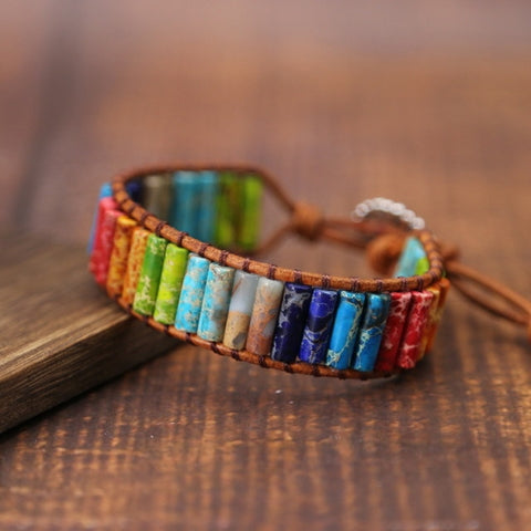 Chakra Bracelet Jewelry Handmade Multi Color Natural Stone Tube Beads Leather Wrap Couples Bracelets Creative Gifts Dropshipping