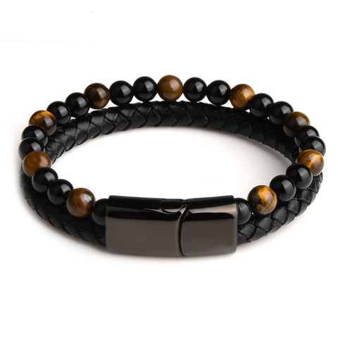 2019 Fashion Men Jewelry Natural Stone Genuine Leather Bracelet Black Stainless Steel Magnetic Clasp Tiger eye Bead Bracelet Men