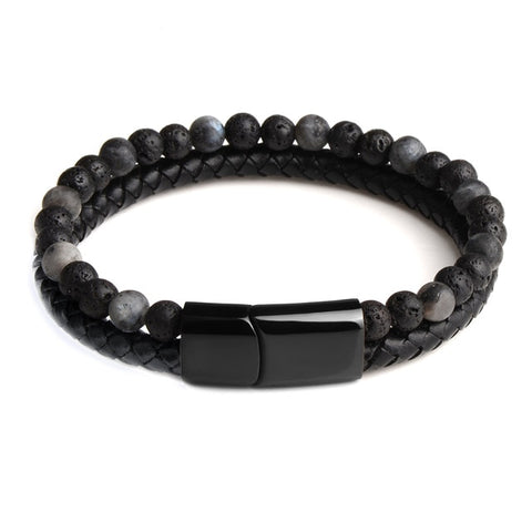 2019 Fashion Men Jewelry Natural Stone Genuine Leather Bracelet Black Stainless Steel Magnetic Clasp Tiger eye Bead Bracelet Men