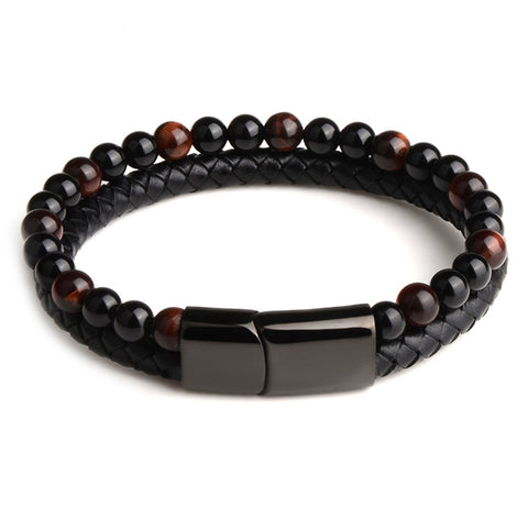 2019 Fashion Men Jewelry Natural Stone Genuine Leather Bracelet Black Stainless Steel Magnetic Clasp Tiger eye Bead Bracelet Men