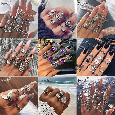 50 Styles Boho Punk Women Hollow Triangle Water Drop Arrow Sun Gem Crystal Silver Rings Set Personality Girl Jewelry Accessories