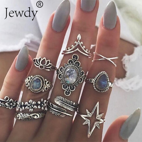 50 Styles Boho Punk Women Hollow Triangle Water Drop Arrow Sun Gem Crystal Silver Rings Set Personality Girl Jewelry Accessories