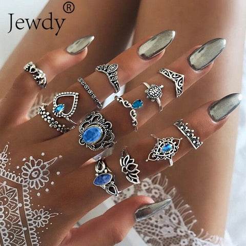 50 Styles Boho Punk Women Hollow Triangle Water Drop Arrow Sun Gem Crystal Silver Rings Set Personality Girl Jewelry Accessories