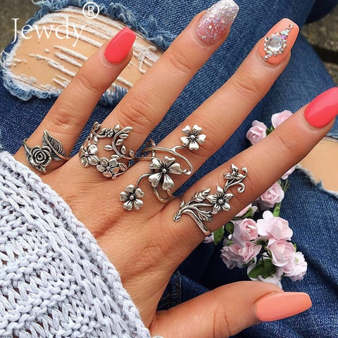 50 Styles Boho Punk Women Hollow Triangle Water Drop Arrow Sun Gem Crystal Silver Rings Set Personality Girl Jewelry Accessories