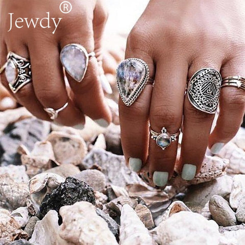 50 Styles Boho Punk Women Hollow Triangle Water Drop Arrow Sun Gem Crystal Silver Rings Set Personality Girl Jewelry Accessories