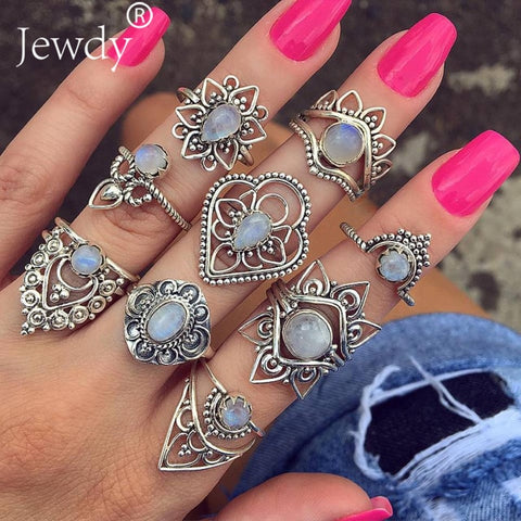 50 Styles Boho Punk Women Hollow Triangle Water Drop Arrow Sun Gem Crystal Silver Rings Set Personality Girl Jewelry Accessories