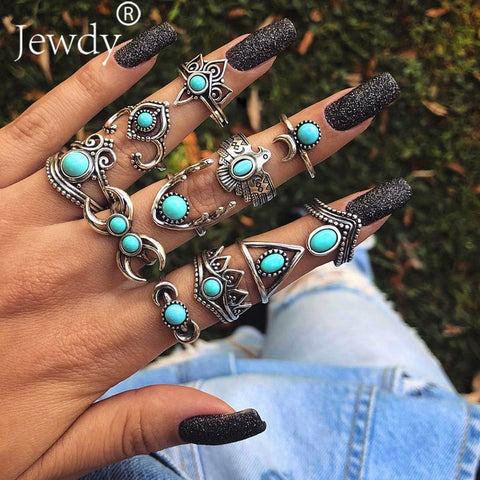 50 Styles Boho Punk Women Hollow Triangle Water Drop Arrow Sun Gem Crystal Silver Rings Set Personality Girl Jewelry Accessories