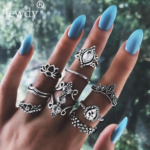 50 Styles Boho Punk Women Hollow Triangle Water Drop Arrow Sun Gem Crystal Silver Rings Set Personality Girl Jewelry Accessories