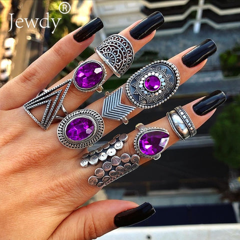 50 Styles Boho Punk Women Hollow Triangle Water Drop Arrow Sun Gem Crystal Silver Rings Set Personality Girl Jewelry Accessories