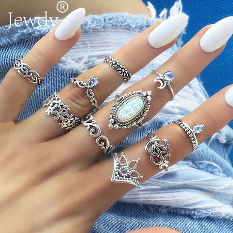 50 Styles Boho Punk Women Hollow Triangle Water Drop Arrow Sun Gem Crystal Silver Rings Set Personality Girl Jewelry Accessories