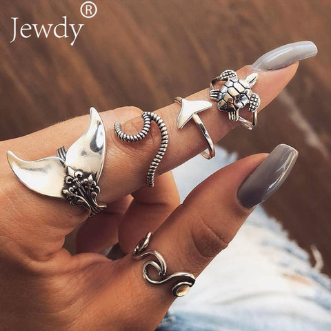 50 Styles Boho Punk Women Hollow Triangle Water Drop Arrow Sun Gem Crystal Silver Rings Set Personality Girl Jewelry Accessories