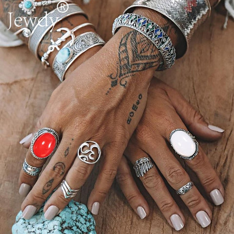 50 Styles Boho Punk Women Hollow Triangle Water Drop Arrow Sun Gem Crystal Silver Rings Set Personality Girl Jewelry Accessories