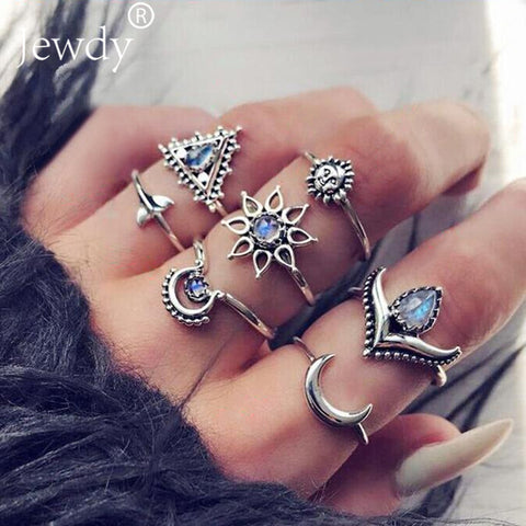 50 Styles Boho Punk Women Hollow Triangle Water Drop Arrow Sun Gem Crystal Silver Rings Set Personality Girl Jewelry Accessories