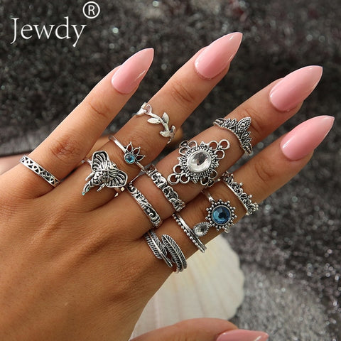 50 Styles Boho Punk Women Hollow Triangle Water Drop Arrow Sun Gem Crystal Silver Rings Set Personality Girl Jewelry Accessories