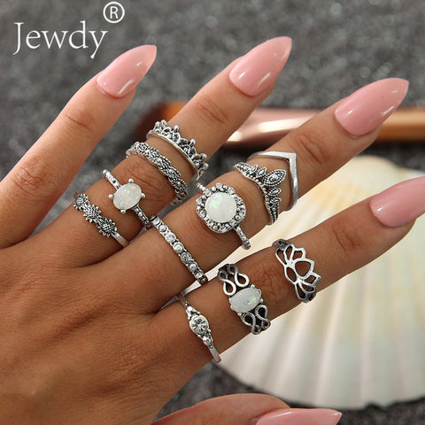 50 Styles Boho Punk Women Hollow Triangle Water Drop Arrow Sun Gem Crystal Silver Rings Set Personality Girl Jewelry Accessories