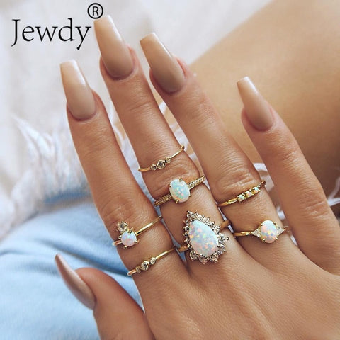 50 Styles Boho Punk Women Hollow Triangle Water Drop Arrow Sun Gem Crystal Silver Rings Set Personality Girl Jewelry Accessories