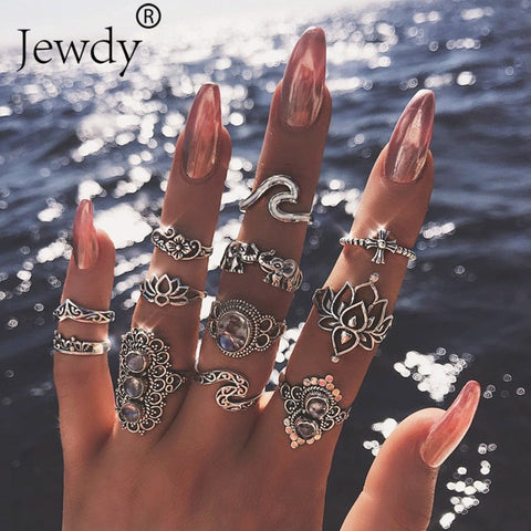 50 Styles Boho Punk Women Hollow Triangle Water Drop Arrow Sun Gem Crystal Silver Rings Set Personality Girl Jewelry Accessories