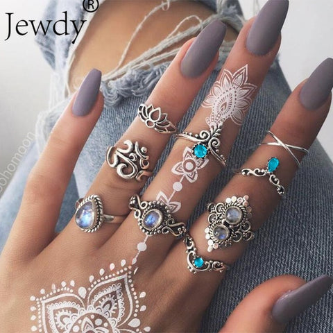 50 Styles Boho Punk Women Hollow Triangle Water Drop Arrow Sun Gem Crystal Silver Rings Set Personality Girl Jewelry Accessories