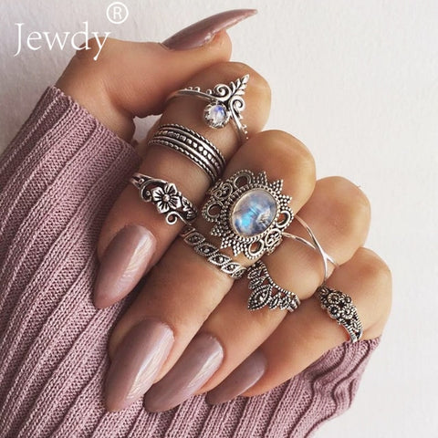 50 Styles Boho Punk Women Hollow Triangle Water Drop Arrow Sun Gem Crystal Silver Rings Set Personality Girl Jewelry Accessories