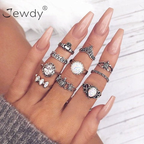 50 Styles Boho Punk Women Hollow Triangle Water Drop Arrow Sun Gem Crystal Silver Rings Set Personality Girl Jewelry Accessories