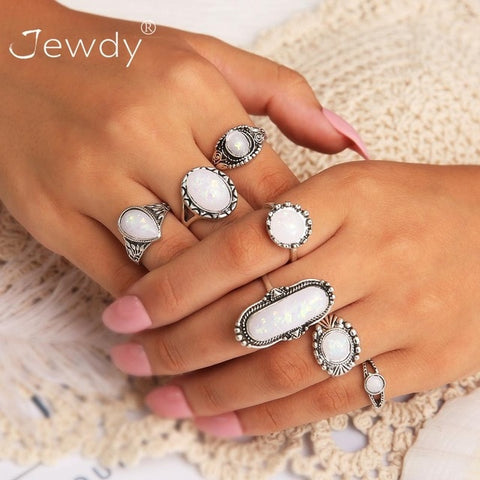 50 Styles Boho Punk Women Hollow Triangle Water Drop Arrow Sun Gem Crystal Silver Rings Set Personality Girl Jewelry Accessories