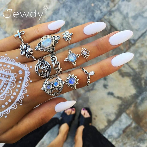 50 Styles Boho Punk Women Hollow Triangle Water Drop Arrow Sun Gem Crystal Silver Rings Set Personality Girl Jewelry Accessories