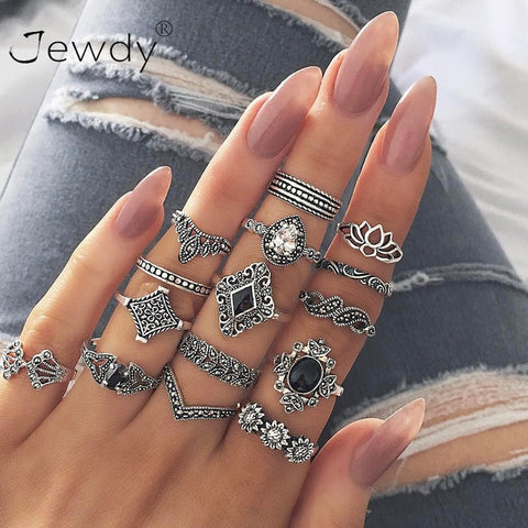 50 Styles Boho Punk Women Hollow Triangle Water Drop Arrow Sun Gem Crystal Silver Rings Set Personality Girl Jewelry Accessories