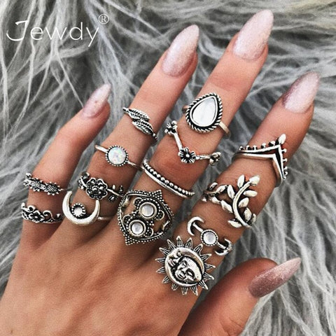 50 Styles Boho Punk Women Hollow Triangle Water Drop Arrow Sun Gem Crystal Silver Rings Set Personality Girl Jewelry Accessories