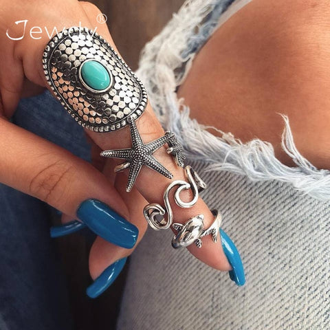 50 Styles Boho Punk Women Hollow Triangle Water Drop Arrow Sun Gem Crystal Silver Rings Set Personality Girl Jewelry Accessories