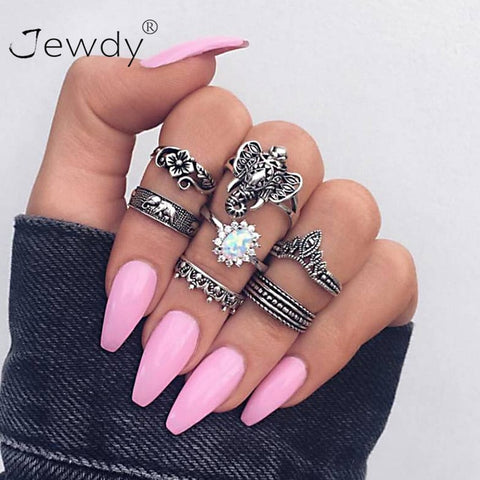 50 Styles Boho Punk Women Hollow Triangle Water Drop Arrow Sun Gem Crystal Silver Rings Set Personality Girl Jewelry Accessories