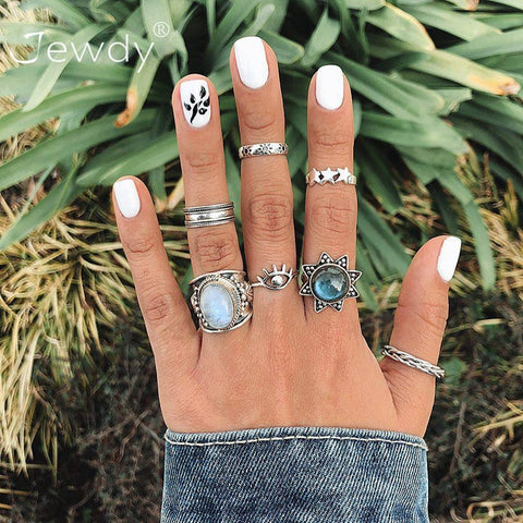 50 Styles Boho Punk Women Hollow Triangle Water Drop Arrow Sun Gem Crystal Silver Rings Set Personality Girl Jewelry Accessories